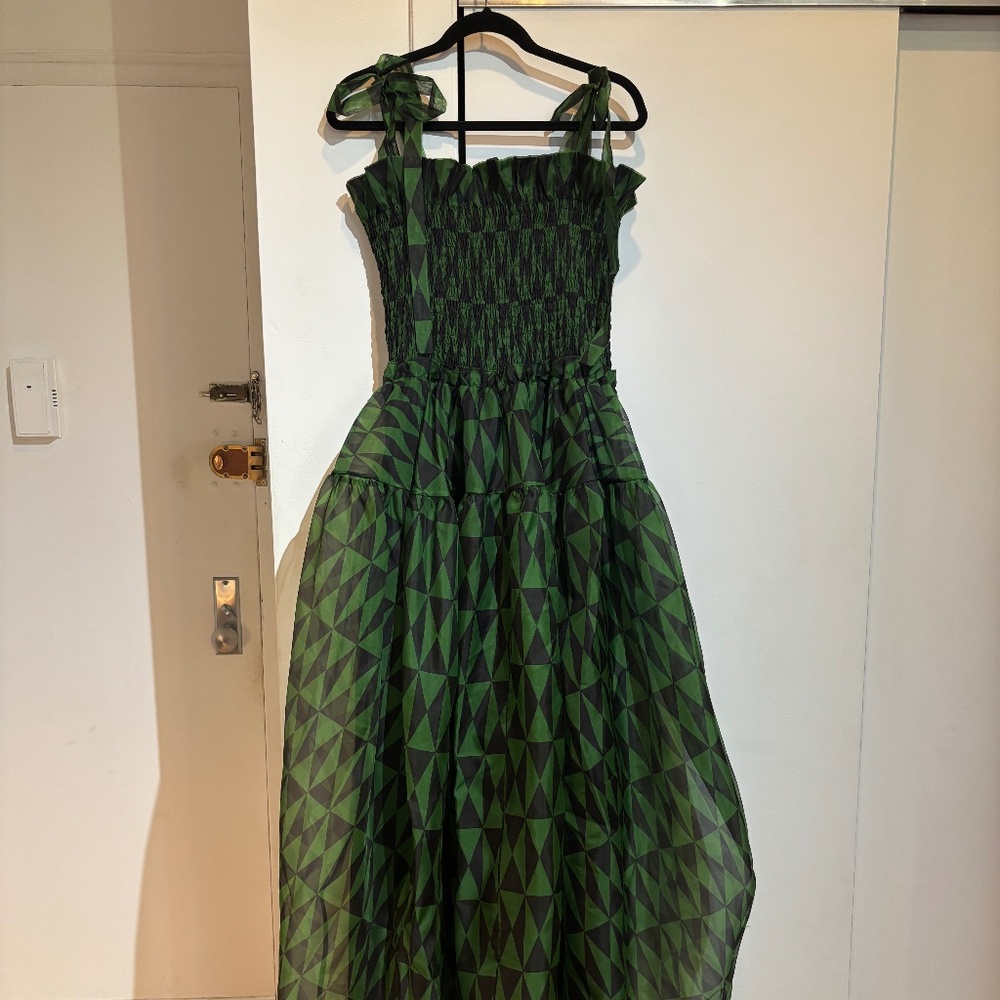 Brand New Cynthia Rowley Smocked Green Maxi Geometric Dress Size: L